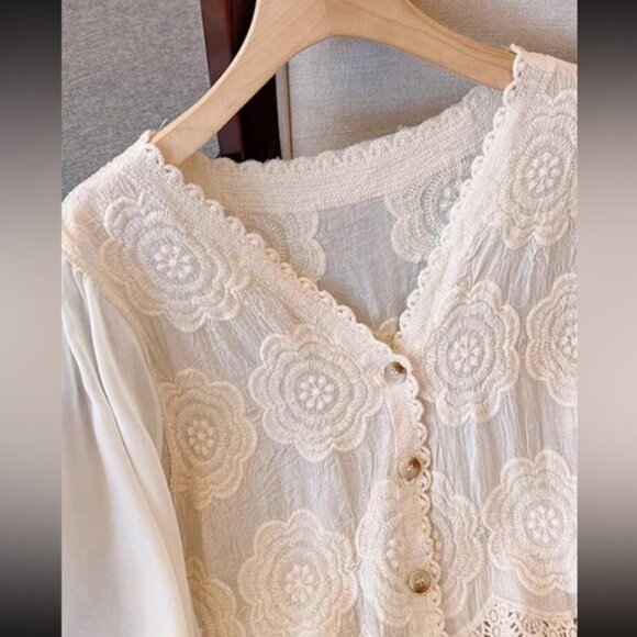 Boho lace button down long sleeve blouse - Picture 3 of 7